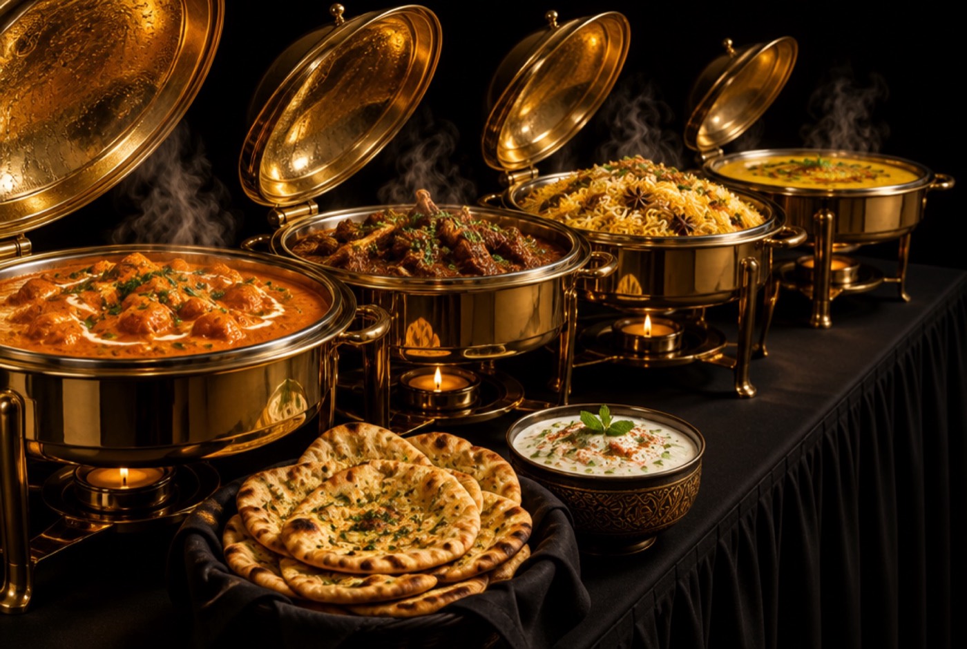 Butter chicken, biryani and naan on the buffet