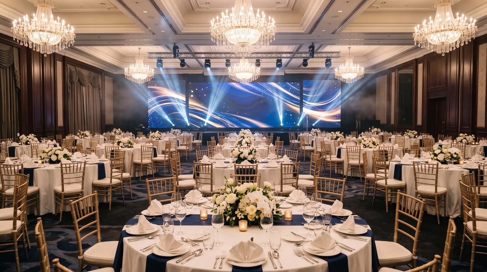 Illustrative dinner-and-dance banquet set-up