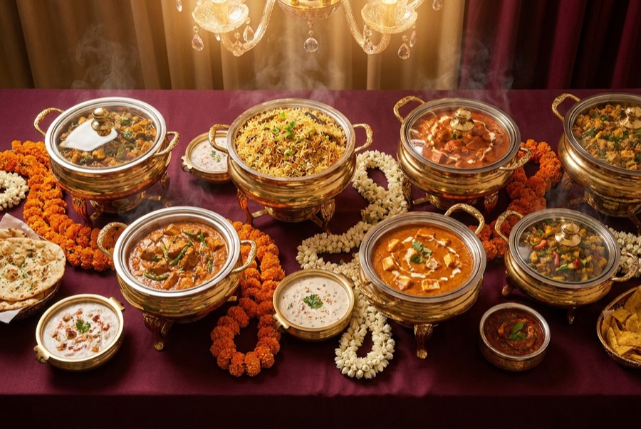 A South Indian wedding spread in gold vessels