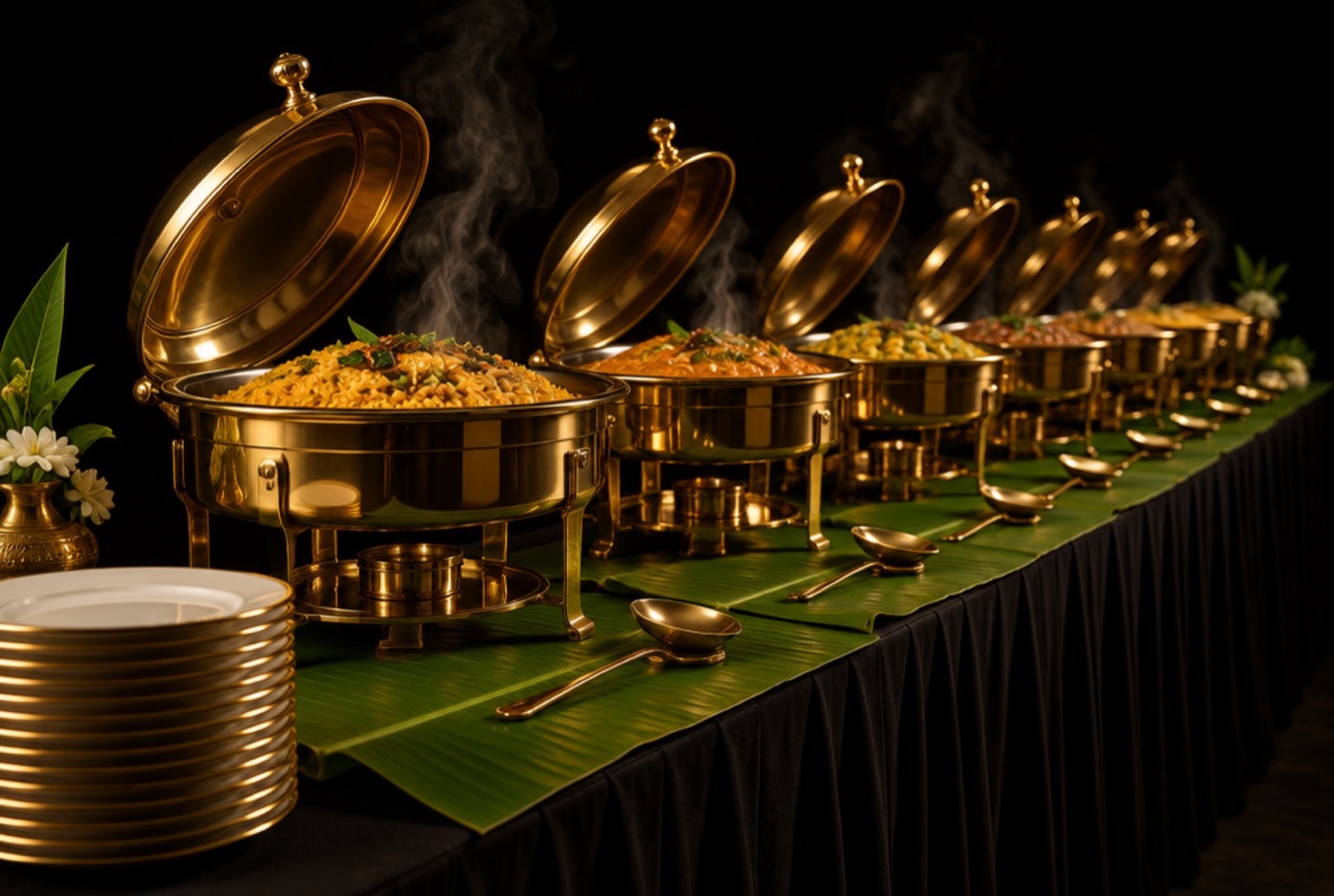 A gold buffet line on banana leaf